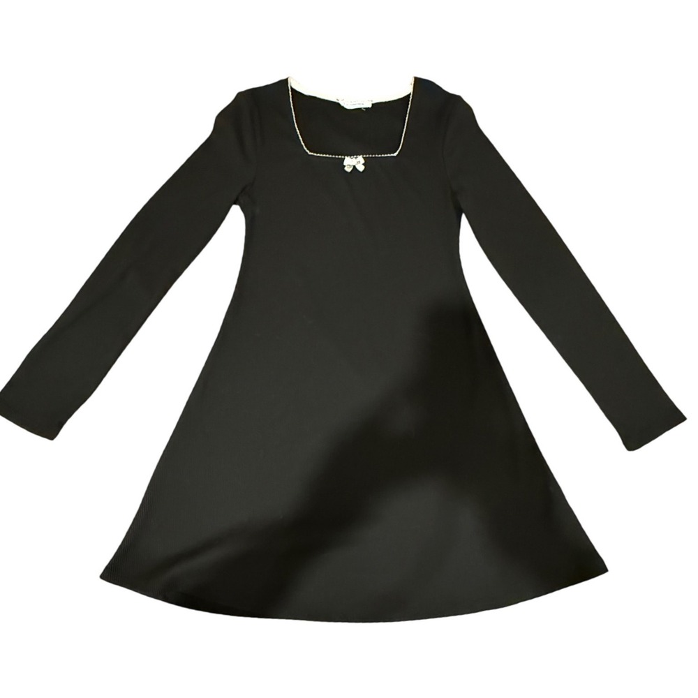 Primark Girls Black Ribbed‎ Long Sleeve Dress Square Neck Bow 10-11 Years 146cm